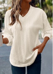 Beige Jacquard Long Sleeve V Neck T Shirt | thumb picture 