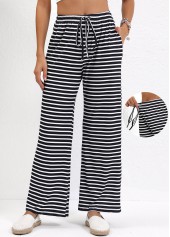 Black Pocket Striped Straight Leg Elastic Waist Pants