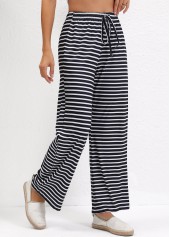 Black Pocket Striped Straight Leg Elastic Waist Pants | thumb picture 