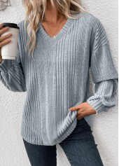 Light Blue Long Sleeve V Neck T Shirt