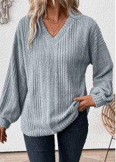 Light Blue Long Sleeve V Neck T Shirt