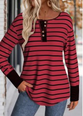 Wine Red Patchwork Striped Long Sleeve T Shirt