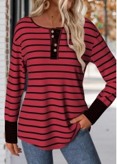 Wine Red Patchwork Striped Long Sleeve T Shirt | thumb picture 