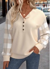 Beige Patchwork Plaid Long Sleeve Round Neck Sweatshirt