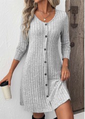 Light Grey Button Long Sleeve Scoop Neck Dress