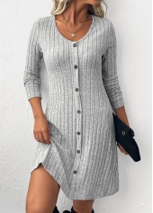Light Grey Button Long Sleeve Scoop Neck Dress | thumb picture 