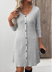Light Grey Button Long Sleeve Scoop Neck Dress | thumb picture 