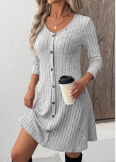 Light Grey Button Long Sleeve Scoop Neck Dress | thumb picture 