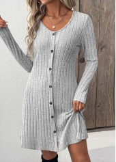 Light Grey Button Long Sleeve Scoop Neck Dress | thumb picture 