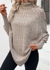 Light Camel Button Long Sleeve High Neck Sweater