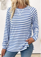 Light Blue Striped Long Sleeve Round Neck T Shirt