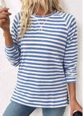 Light Blue Striped Long Sleeve Round Neck T Shirt | thumb picture 