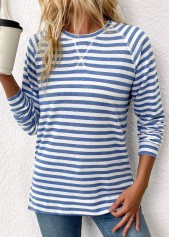 Light Blue Striped Long Sleeve Round Neck T Shirt | thumb picture 