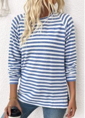 Light Blue Striped Long Sleeve Round Neck T Shirt | thumb picture 
