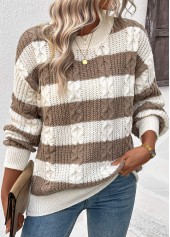 Dark Coffee Weave Striped Long Sleeve Round Neck Sweater