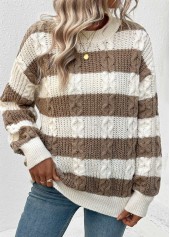 Dark Coffee Weave Striped Long Sleeve Round Neck Sweater | thumb picture 