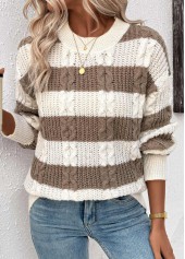 Dark Coffee Weave Striped Long Sleeve Round Neck Sweater | thumb picture 