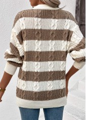 Dark Coffee Weave Striped Long Sleeve Round Neck Sweater | thumb picture 