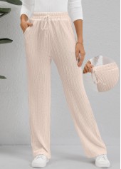 Beige Pocket Straight Leg Elastic Waist High Waisted Pants