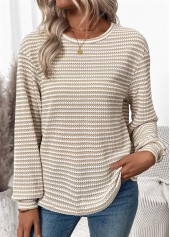 Light Coffee Jacquard Long Sleeve Round Neck T Shirt