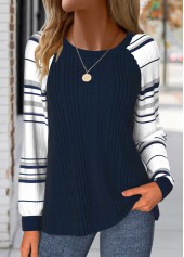 Navy Patchwork Striped Long Sleeve Round Neck Sweatshirt