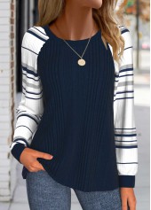 Navy Patchwork Striped Long Sleeve Round Neck Sweatshirt | thumb picture 