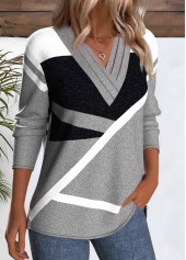 Grey Patchwork Geometric Print Long Sleeve T Shirt | thumb picture 