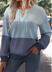Blue Patchwork Long Sleeve Lace Up Collar Sweatshirt