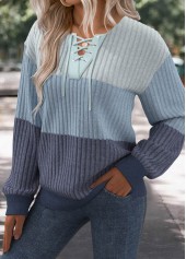 Blue Patchwork Long Sleeve Lace Up Collar Sweatshirt | thumb picture 