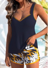 Patchwork Tropical Plants Print Navy Tankini Set | thumb picture 