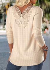 Beige Lace Long Sleeve Round Neck T Shirt