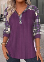Purple Button Plaid Long Sleeve Split Neck Sweatshirt