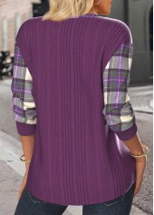 Purple Button Plaid Long Sleeve Split Neck Sweatshirt | thumb picture 