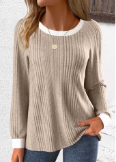Light Coffee Patchwork Long Sleeve Round Neck Sweatshirt