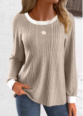 Light Coffee Patchwork Long Sleeve Round Neck Sweatshirt | thumb picture 
