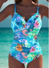 Cut Out Marine Life Print Cyan One Piece Swimwear