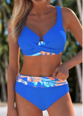 Patchwork Leaf Print Sky Blue Bikini Set