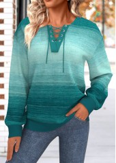 Turquoise Lace Up Ombre Long Sleeve Sweatshirt