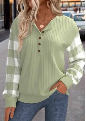Light Green Patchwork Plaid Long Sleeve Round Neck Sweatshirt