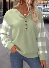 Light Green Patchwork Plaid Long Sleeve Round Neck Sweatshirt | thumb picture 