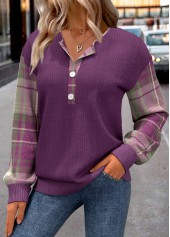 Plus Size Purple Button Plaid Long Sleeve Sweatshirt | thumb picture 