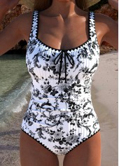 Drawstring Random Floral Print Black One Piece Swimwear