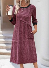 Wine Red Patchwork A Line Long Sleeve Dress