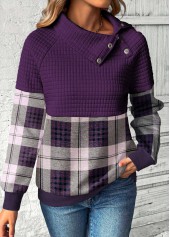 Purple Patchwork Plaid Long Sleeve Asymmetrical Neck Sweatshirt