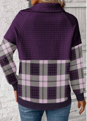 Purple Patchwork Plaid Long Sleeve Asymmetrical Neck Sweatshirt | thumb picture 