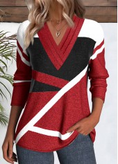 Red Patchwork Geometric Print Long Sleeve T Shirt