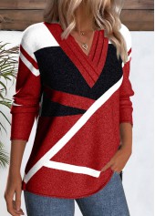 Red Patchwork Geometric Print Long Sleeve T Shirt | thumb picture 