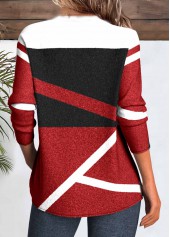 Red Patchwork Geometric Print Long Sleeve T Shirt | thumb picture 