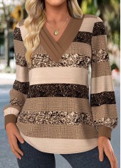 Light Coffee Patchwork Striped Long Sleeve T Shirt