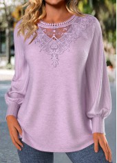 Light Purple Embroidery Long Sleeve Round Neck T Shirt